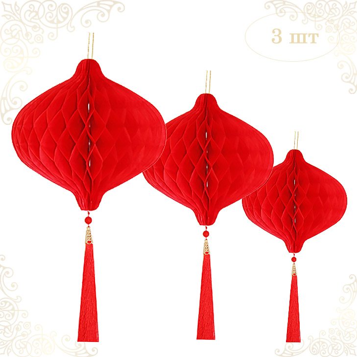 Бумажное украшение Шары-соты с кисточкой НАБОР 3 шт, красный Бумажное украшение Шары-соты с кисточкой НАБОР 3 шт, красный