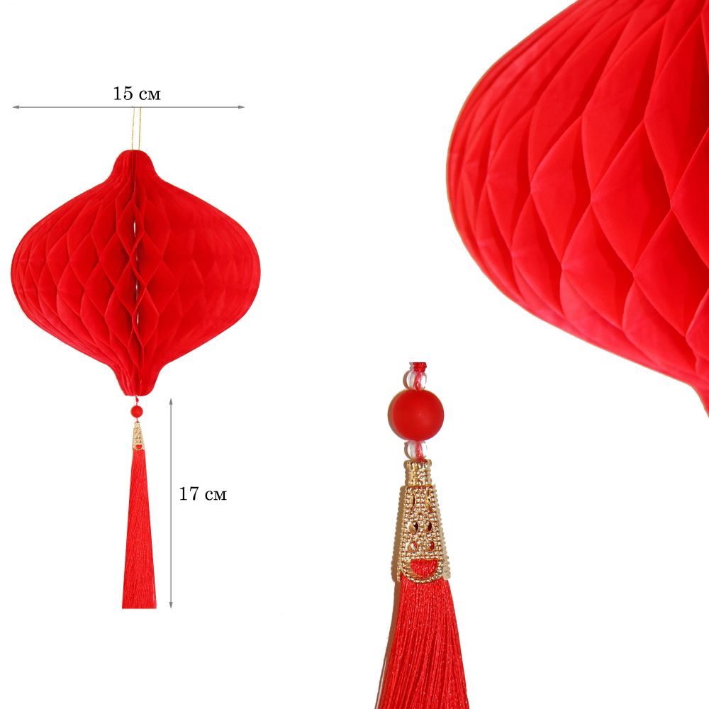 Бумажное украшение Шар-соты с кисточкой 15 см, красный Бумажное украшение Шар-соты с кисточкой 15 см, красный